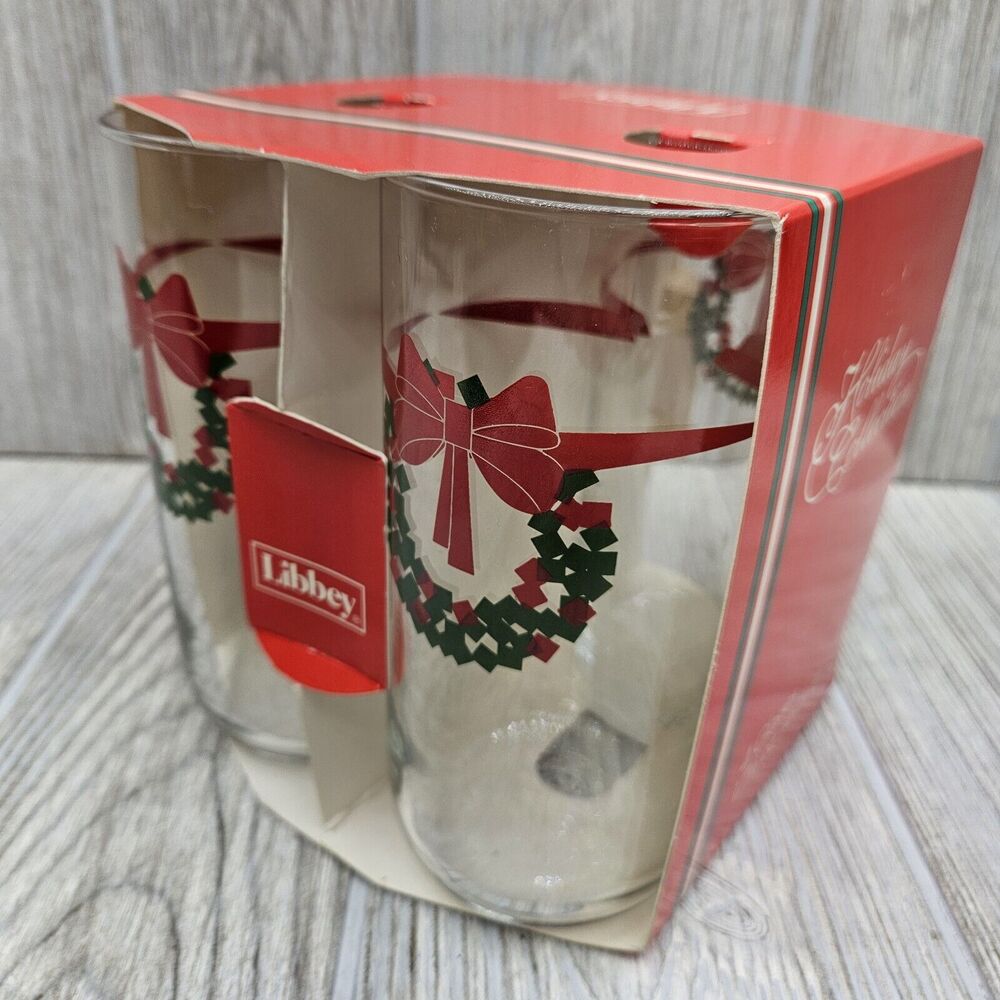Vintage Libbey Christmas Wreath Tumbler Glasses set of 4 NOS Christmas Holiday